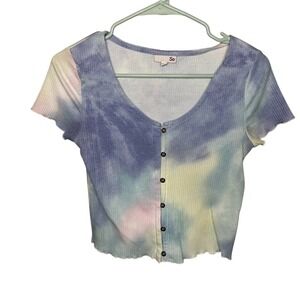 So Tie Dye Ribbed Button‎ Front Crop Top Short Sleeve V Neck Pastel